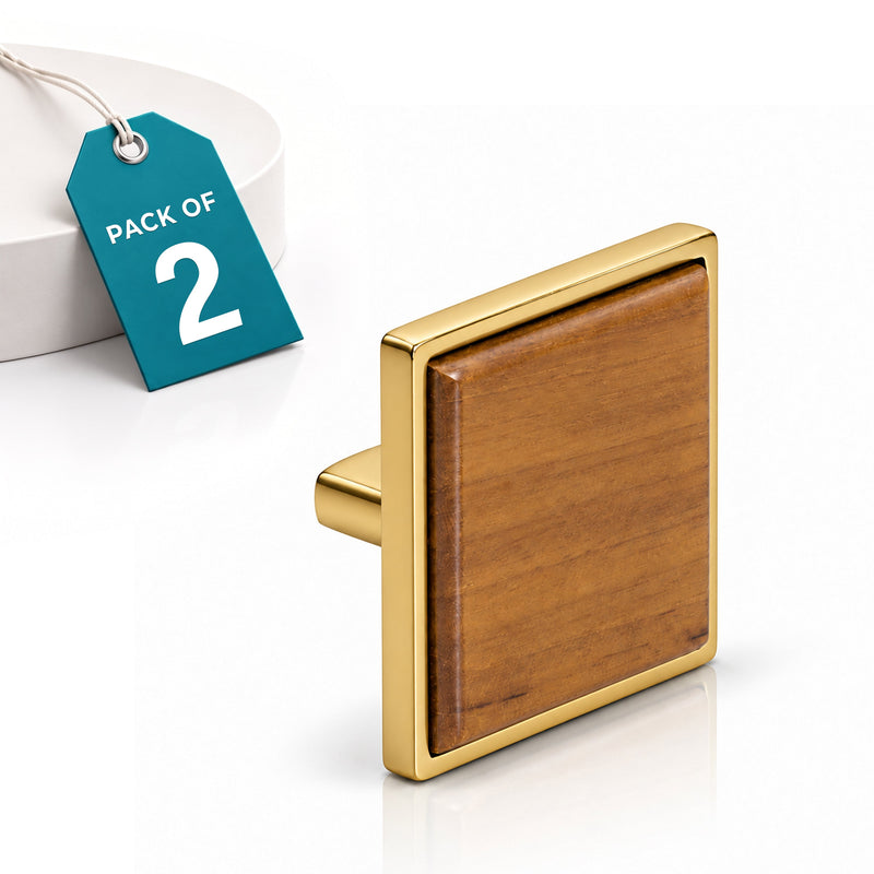 Plantex Knobs for Drawer | Square Drawer Knobs | Knobs for Cabinets | Pull-Push Knobs for Kitchen | Bedroom Drawer - Pack of 2 (Big, Gold & Wood)-1