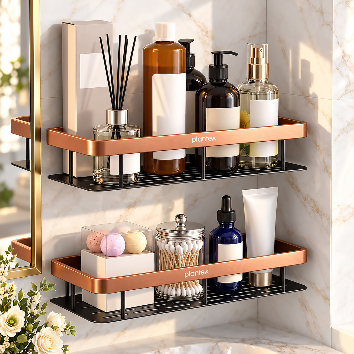Plantex Bathroom Organizer Without Drill/Stainless Steel & Aluminium Shelf for Wall with Adhesive Stickers - Pack of 2 (12x5 inch, Copper & Black)