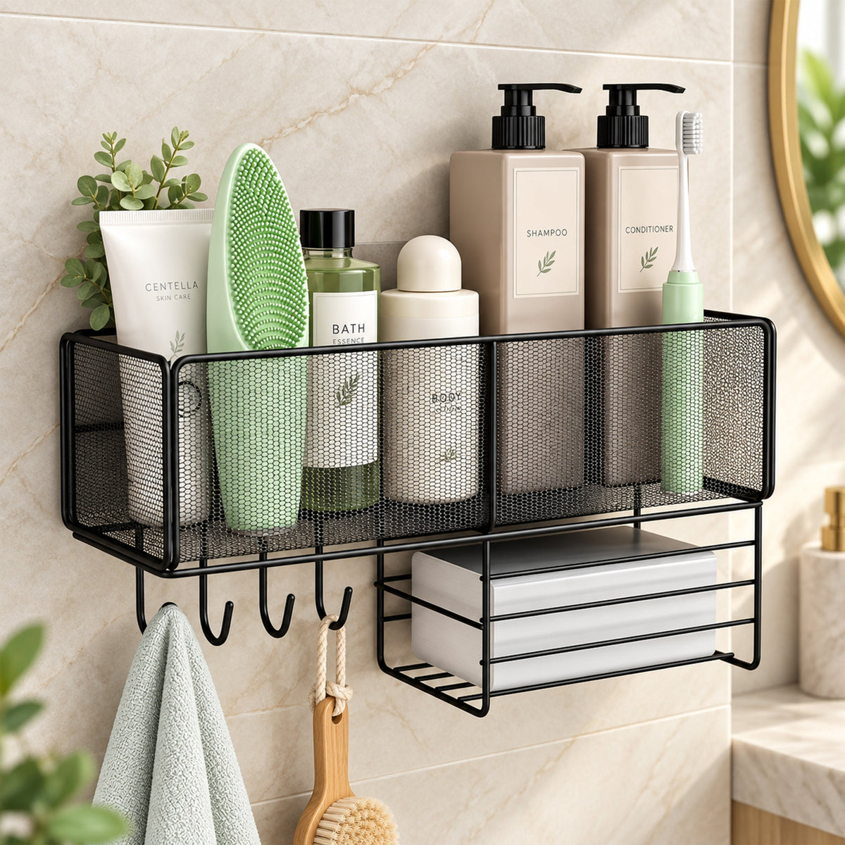 Plantex Self Adhesive Bathroom Shelf/Bathroom Organiser Without Drill/Hanging Rack for Kitchen Storage/Modern Shower Bin for Office/Dining Room/Multipurpose Rack -Pack of 1 (Black)