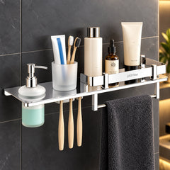 Plantex Stainless Steel 4in1 Multipurpose Bathroom Shelf/Bathroom Steel Rack with Tumbler Holder, Towel Rod and Liquid Soap Dispenser Chrome (18x5 inches)-1