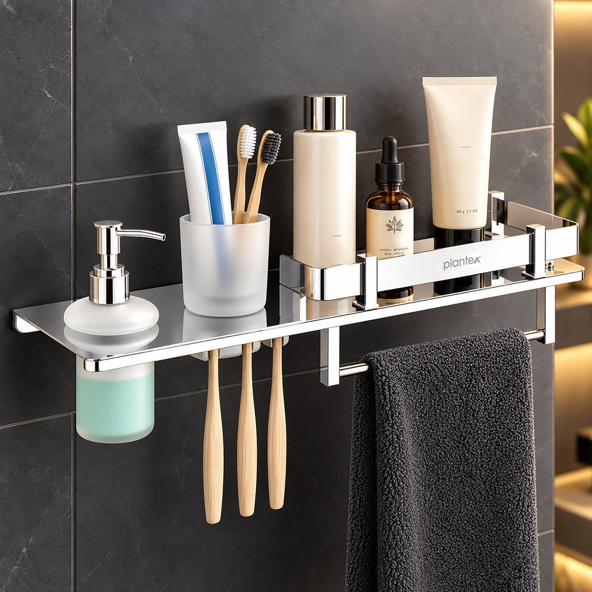 Plantex Stainless Steel 4in1 Multipurpose Bathroom Shelf/Bathroom Steel Rack with Tumbler Holder, Towel Rod and Liquid Soap Dispenser Chrome (18x5 inches)