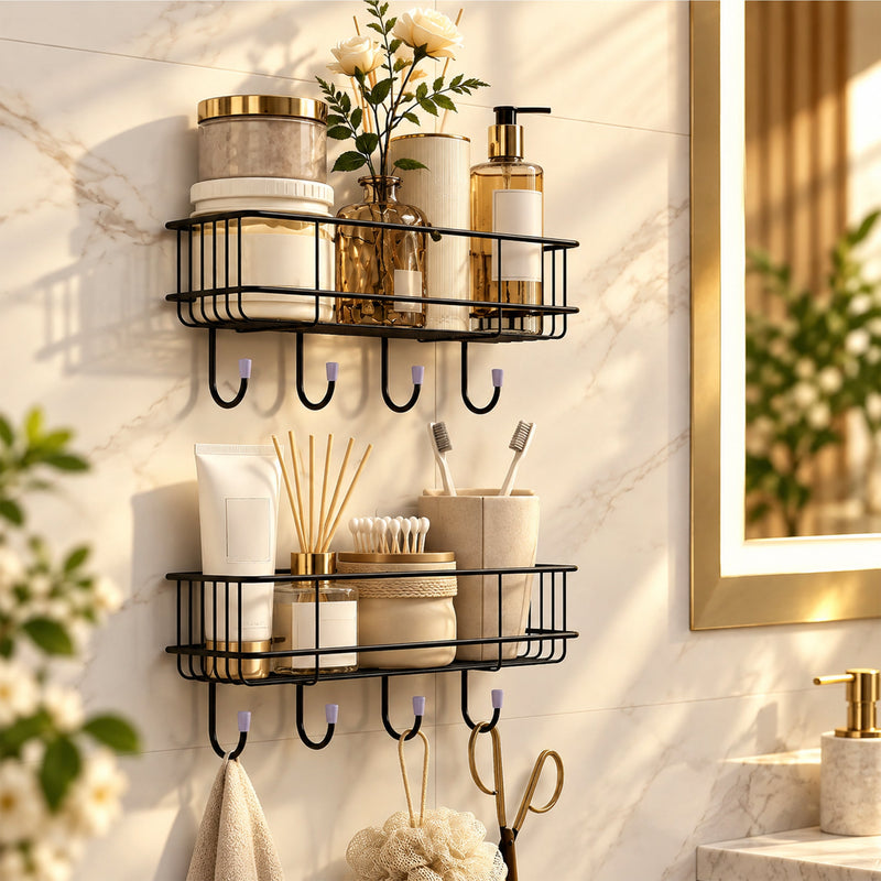 Plantex Multipurpose Bathroom Organiser Without Drill/GI Steel Self-Adhesive Shelf/Wall Mounted Shelf for Bathroom with Hooks- Pack of 2 (Black,Powder Coated)-1