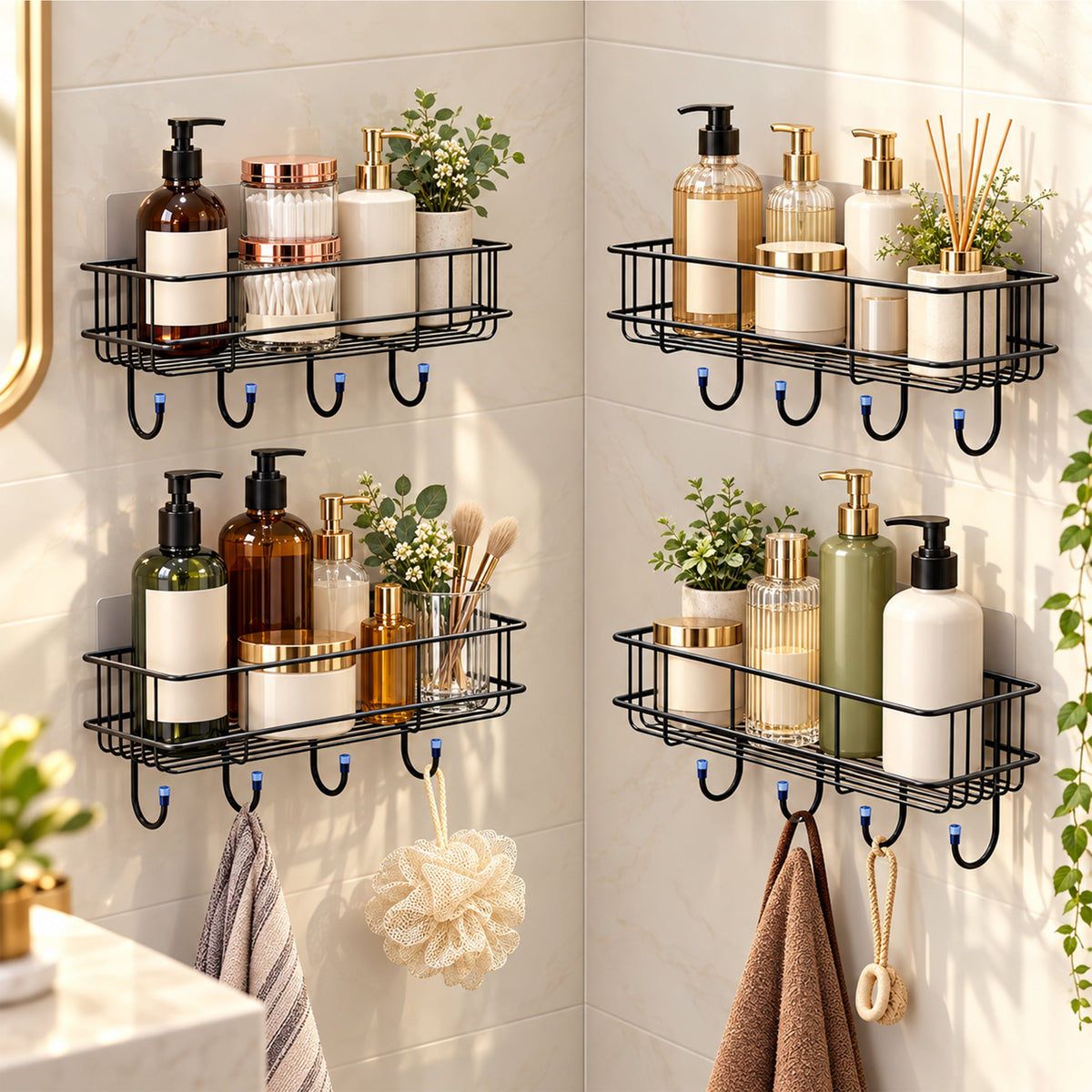Plantex GI Steel Self Adhesive Bathroom Shelf & Rack/No Drill Wall Mount Bathroom Organiser with Hooks & Towel Hanger/Kitchen Hanging Shelf (Pack of 4-Black, Powder Coated)