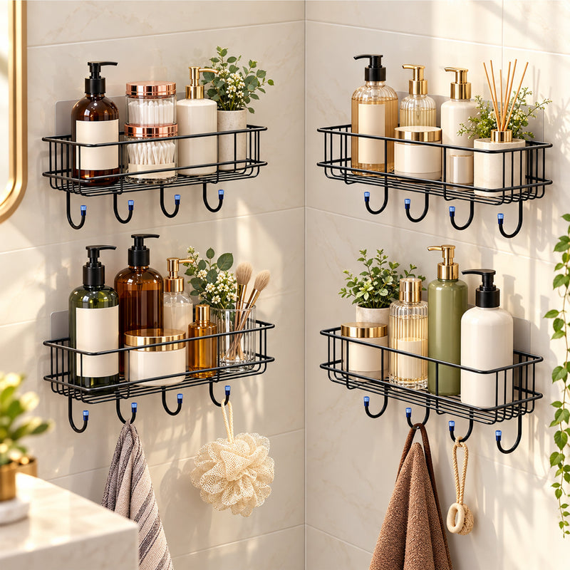 Plantex GI Steel Self Adhesive Bathroom Shelf & Rack/No Drill Wall Mount Bathroom Organiser with Hooks & Towel Hanger/Kitchen Hanging Shelf (Pack of 4-Black, Powder Coated)-1