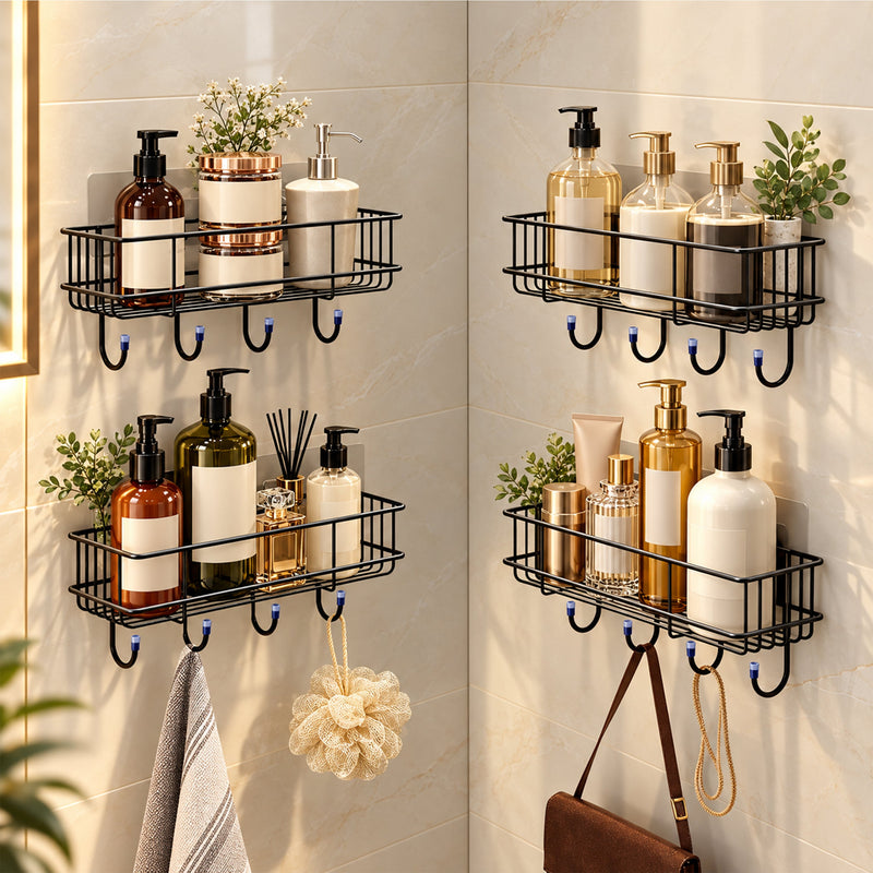 Plantex Bathroom Organizer Without Drill/GI Steel Self Adhesive Bathroom Shelf for Wall with Magic Stickers/Self Adhesive Kitchen Shelf with Hooks (Pack of 4)-1