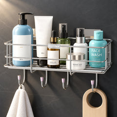 Plantex Stainless Steel Self Adhesive Bathroom Shelf/No Drill Bathroom Organizer with Hooks/Washroom Shelf- Pack of 1(Chrome)-1