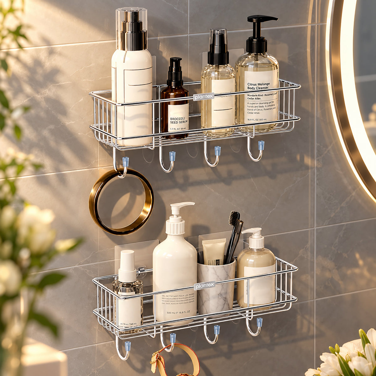 Plantex Stainless Steel Bathroom Organiser Without Drill/Multipurpose Shelf with Hooks/Drill Free Shampoo Holder for Bathroom - Wall Mount - Pack of 2 (Chrome)-1