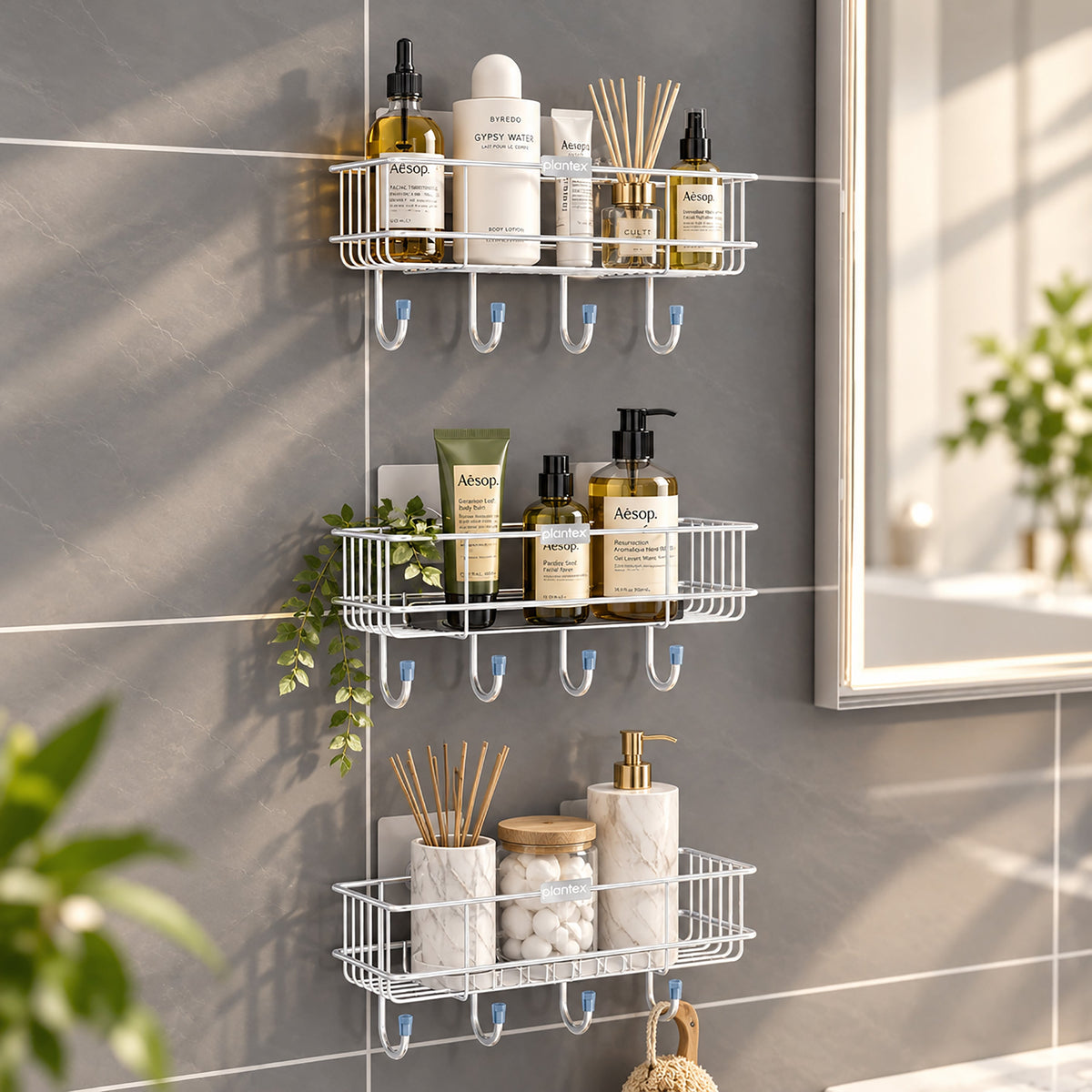 Plantex Stainless Steel Self Adhesive Shelf/Multipurpose Bathroom Shelf with Hooks/Towel Holder/Rack/Bathroom Accessories Set/Bathroom Organiser Without Drill - Pack of 3 (Chrome)-1