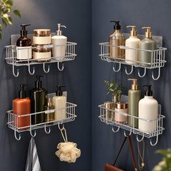 Plantex Stainless Steel Self-Adhesive Multipurpose Bathroom Shelf with Hooks/Towel Holder/Rack/Bathroom Accessories-Wall Mount - Pack of 4 (Chrome)-1