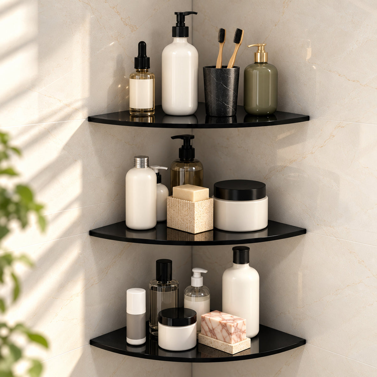 Plantex Glass Corner Shelf for Bathroom/Living Room/Kitchen Corner Shelf, Wall Mount/Glass Shelf for Bathroom Wall (9x9 Inches, Black, Pack of 3)-1