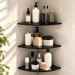 Plantex Glass Corner Shelf for Bathroom/Living Room/Kitchen Corner Shelf, Wall Mount/Glass Shelf for Bathroom Wall (9x9 Inches, Black, Pack of 3)-1