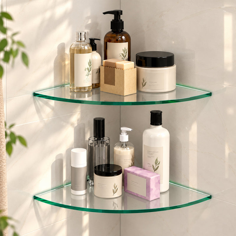 Plantex Premium Transperant Glass Corner Shelf for Bathroom/Kitchen Shelf/Bathroom Glass Shelf (9x9 Inches - White- Pack of 2)-1