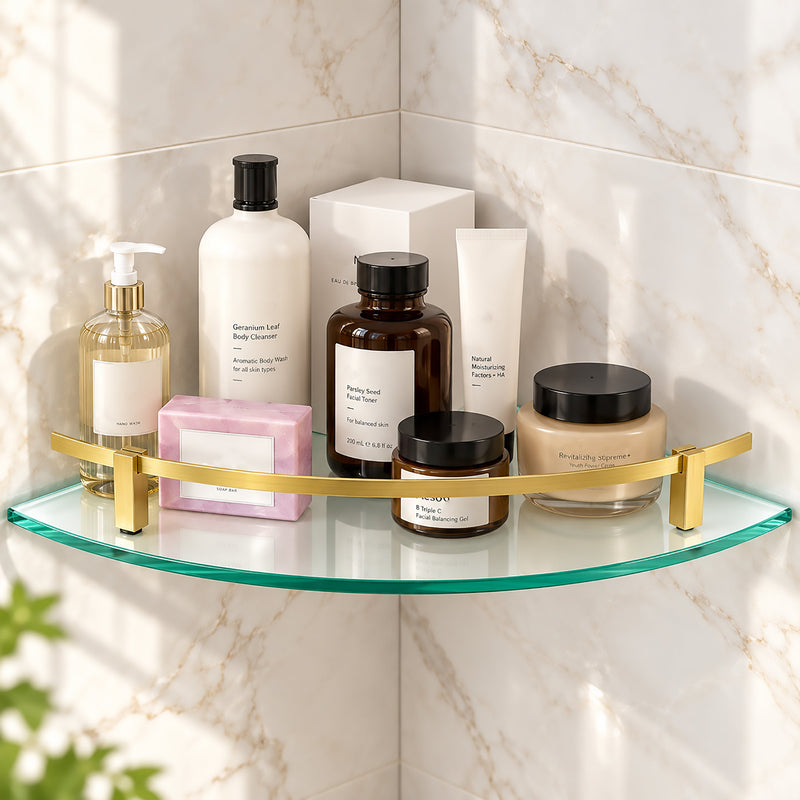 Plantex Premium Frosted Glass Corner Shelf for Bathroom/Storage Glass Shelf - (12x12 in,Brass Antique-Pack of 1)-1
