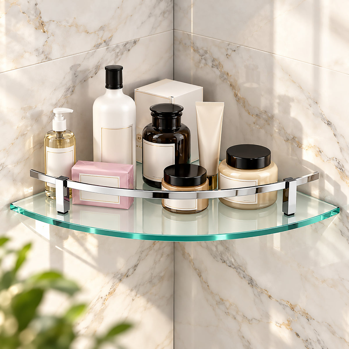 Plantex Premium Frosted Glass Corner/Shelf for Bathroom/Wall Shelf/Storage Shelf - (12x12 in,Chrome-Pack of 1)-1