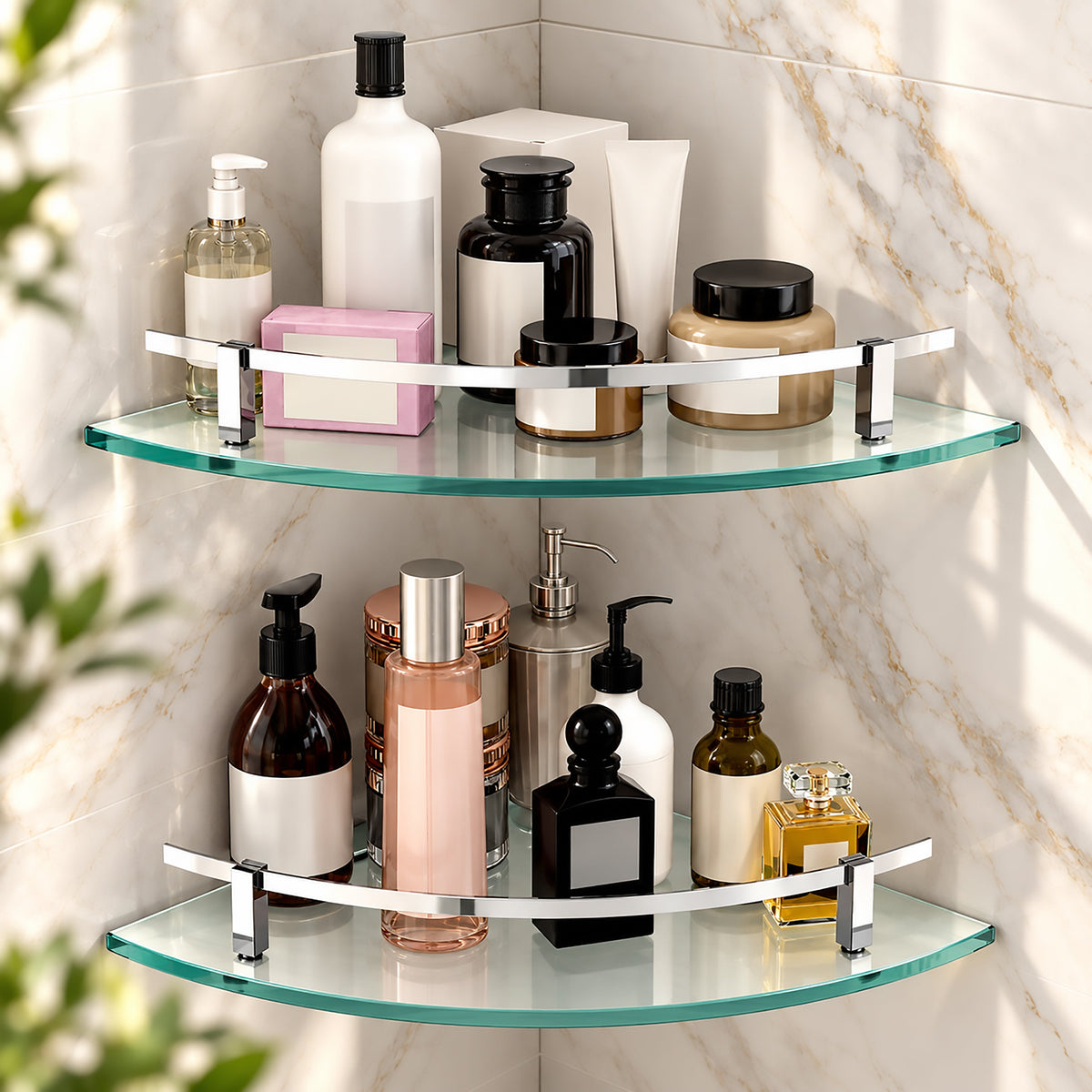 Plantex Frosted Glass Corner/Shelf for Bathroom/Wall Shelf/Storage Shelf - (12x12 in,Chrome-Pack of 2)
