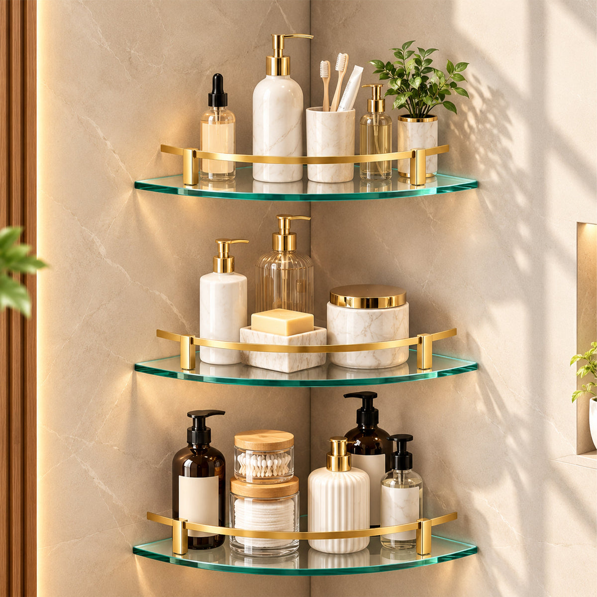 Plantex Frosted Glass Corner Shelf for Bathroom/Kitchen Glass Shelf/Bathroom Corner Organizer with Brass Antique Railings and Wall Brackets (9x9 Inches- Pack of 3)