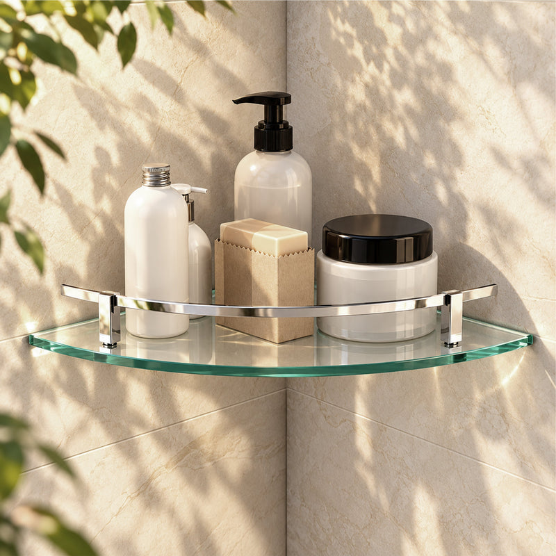 Plantex Premium Frosted Glass Corner with Brass Railings and Brackets/Shelf for Bathroom/Wall Shelf/Storage Shelf (9x9 Inches) - Pack of 1 (Silver Matt)-1