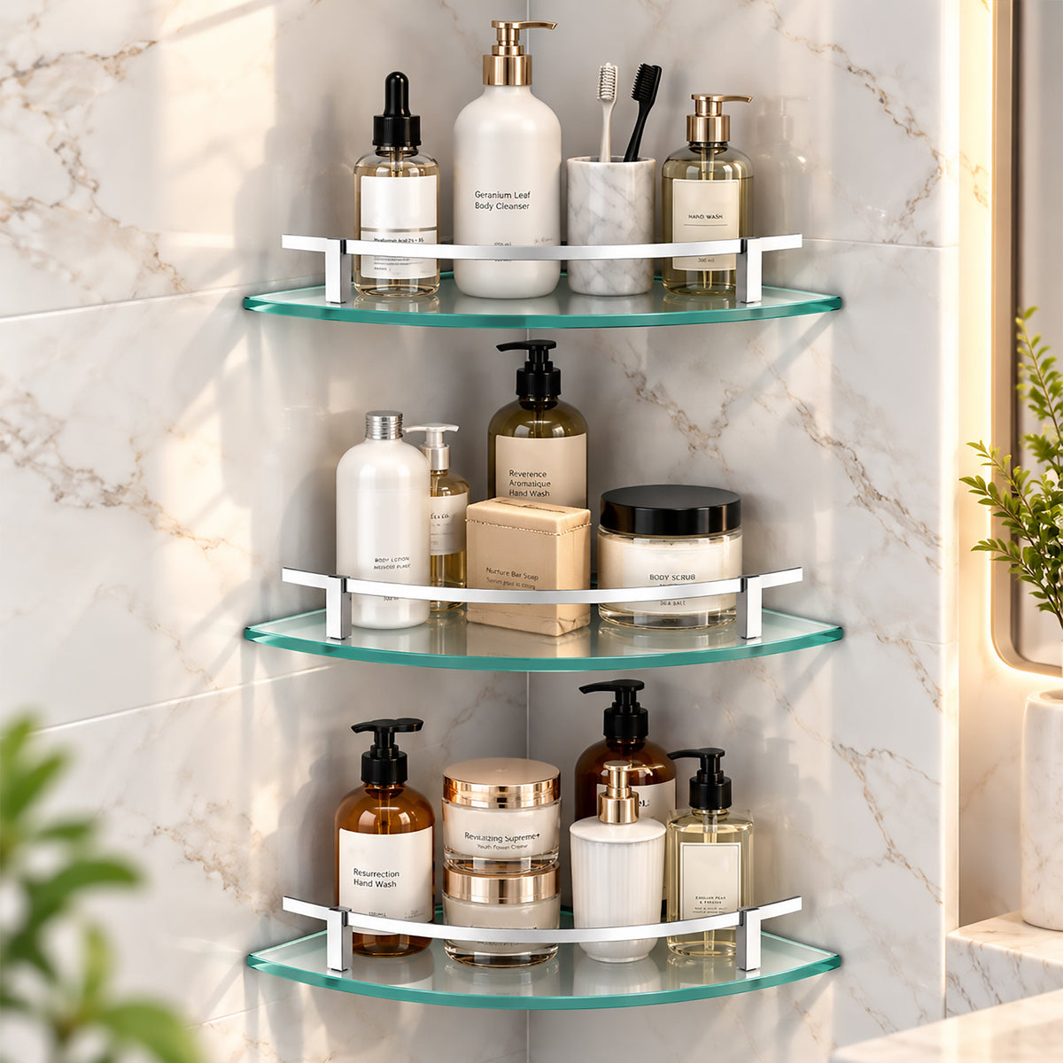 Plantex Premium Frosted Glass Corner Bathroom Shelves/Living Room Wall Mounted Shelf with Silver Railings and Brackets/Bathroom Accessories (9x9 Inches, Pack of 3)-1