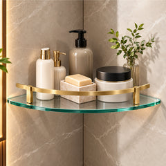 Plantex Frosted Glass Corner Shelf for Bathroom/Kitchen Glass Shelf with Brass Railings and Brackets/Bathroom Corner Shelf (Brass Antique- 9x9 Inches - Pack of 1)-1