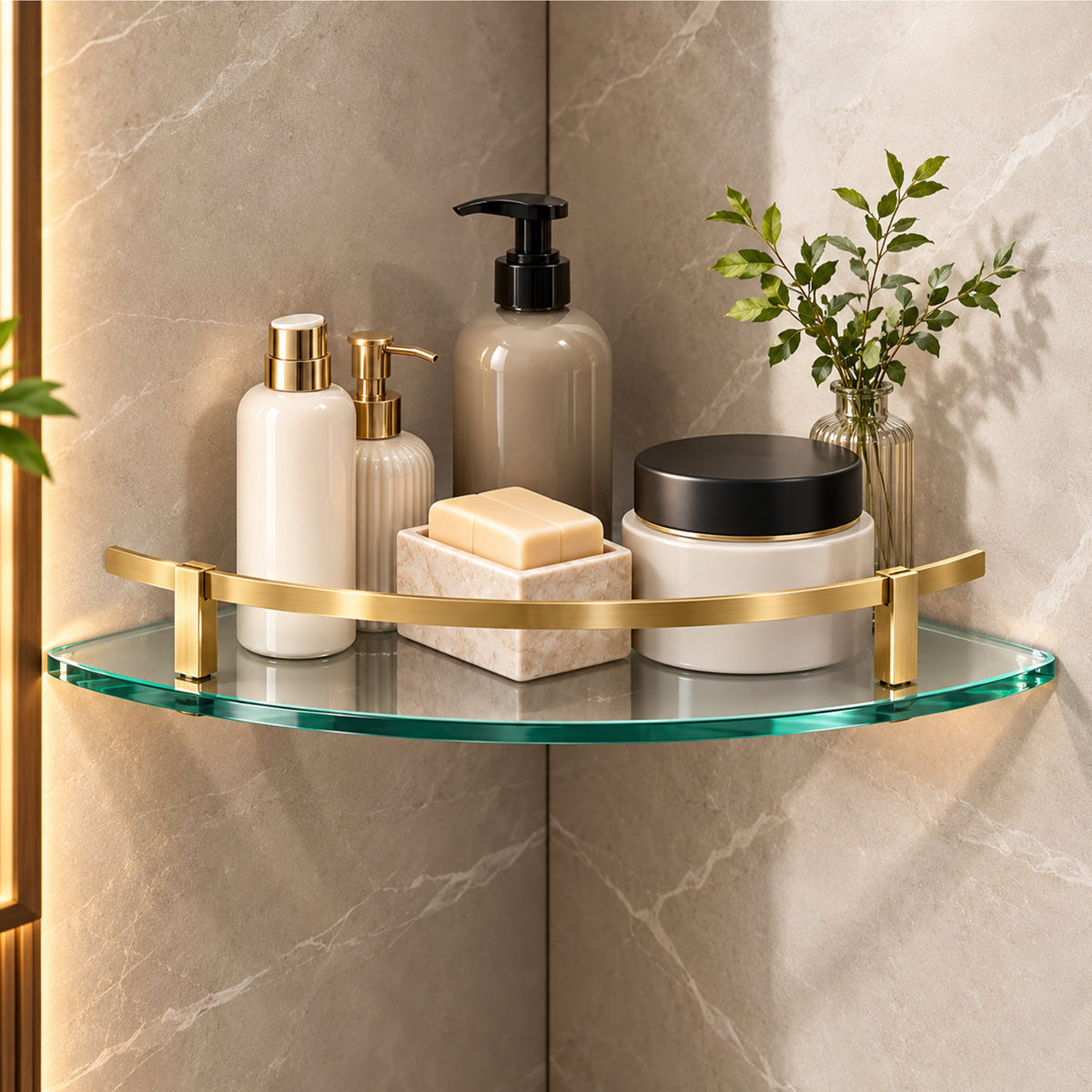 Plantex Frosted Glass Corner Shelf for Bathroom/Kitchen Glass Shelf with Brass Railings and Brackets/Bathroom Corner Shelf (Brass Antique- 9x9 Inches - Pack of 1)