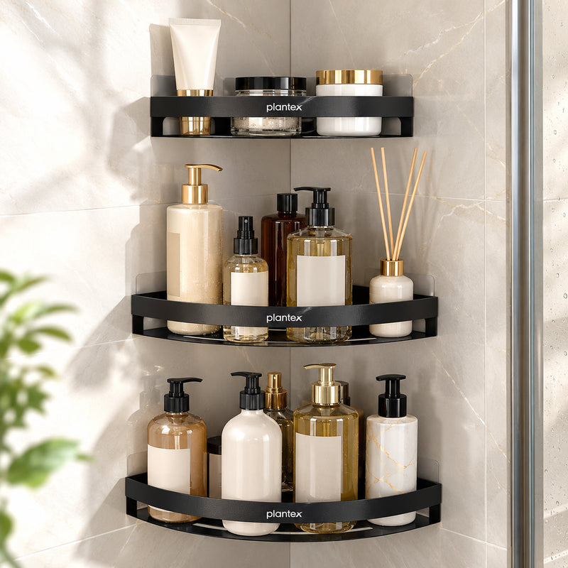Plantex Corner Shelf for Bathroom Wall/Self Adhesive Bathroom Shelf/Bathroom Corner Shelves self Adhesive/Bathroom Organiser Without Drill- Pack of 3 (Black)-1