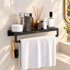 Plantex Alloy Steel No Drill Bathroom Organiser/Self Adhesive Wall Mount Multipurpose Shelf/Rack/Towel Rod/Hooks for Bathroom - Pack of 1 (15 x 5 Inch, Black)-1