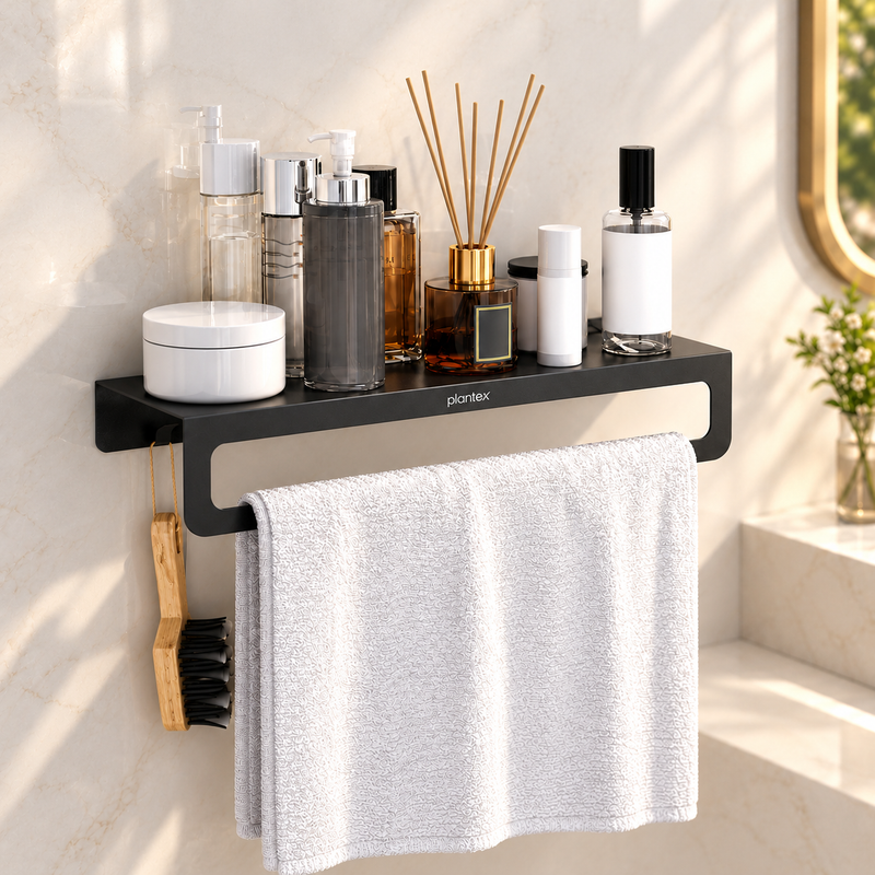 Plantex Alloy Steel No Drill Bathroom Organiser/Self Adhesive Wall Mount Multipurpose Shelf/Rack/Towel Rod/Hooks for Bathroom - Pack of 1 (15 x 5 Inch, Black)-1
