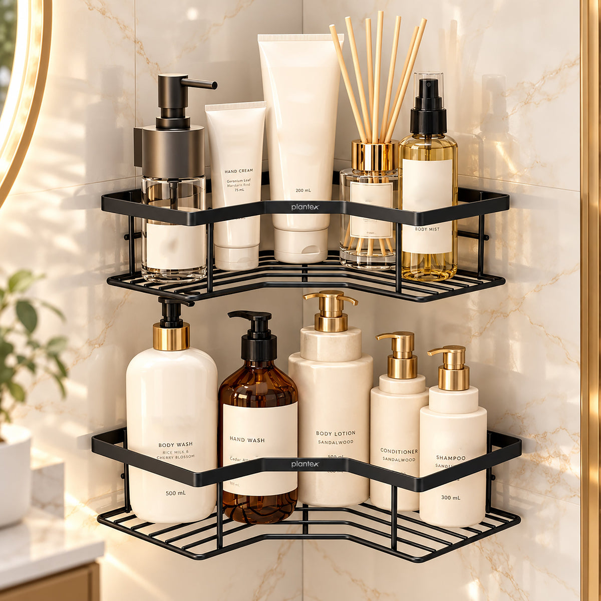 Plantex Alloy Steel Self Adhesive Bathroom Shelf Rack/Bathroom Organizer Without Drill/Corner Shelf for Bathroom Wall/Kitchen Corner Shelves Self Adhesive/Shelves for Kitchen-Pack of 2(Black)-1