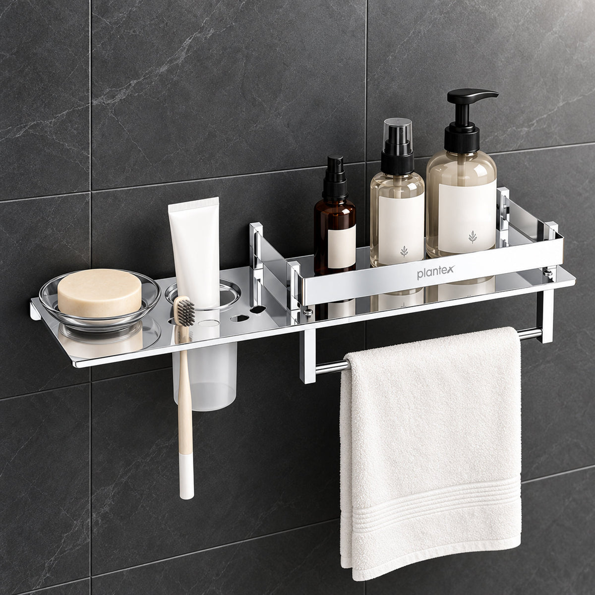 Plantex Stainless Steel 4in1 Multipurpose Bathroom Shelf/Bathroom Steel Rack with Soap Dish, Towel Rod and Tumbler Holder-Chrome (18x5 inches)