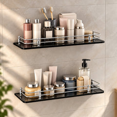 Plantex Premium Black Glass Shelf for Bathroom/Kitchen/Living Room - Bathroom Accessories (Polished, 18x6 Inches) - Pack of 2-1