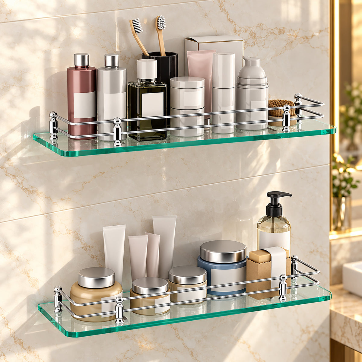 Plantex Premium Transparent Glass Shelf for Bathroom/Kitchen/Living Room - Bathroom Accessories (Polished, 18x6 Inches) - Pack of 2