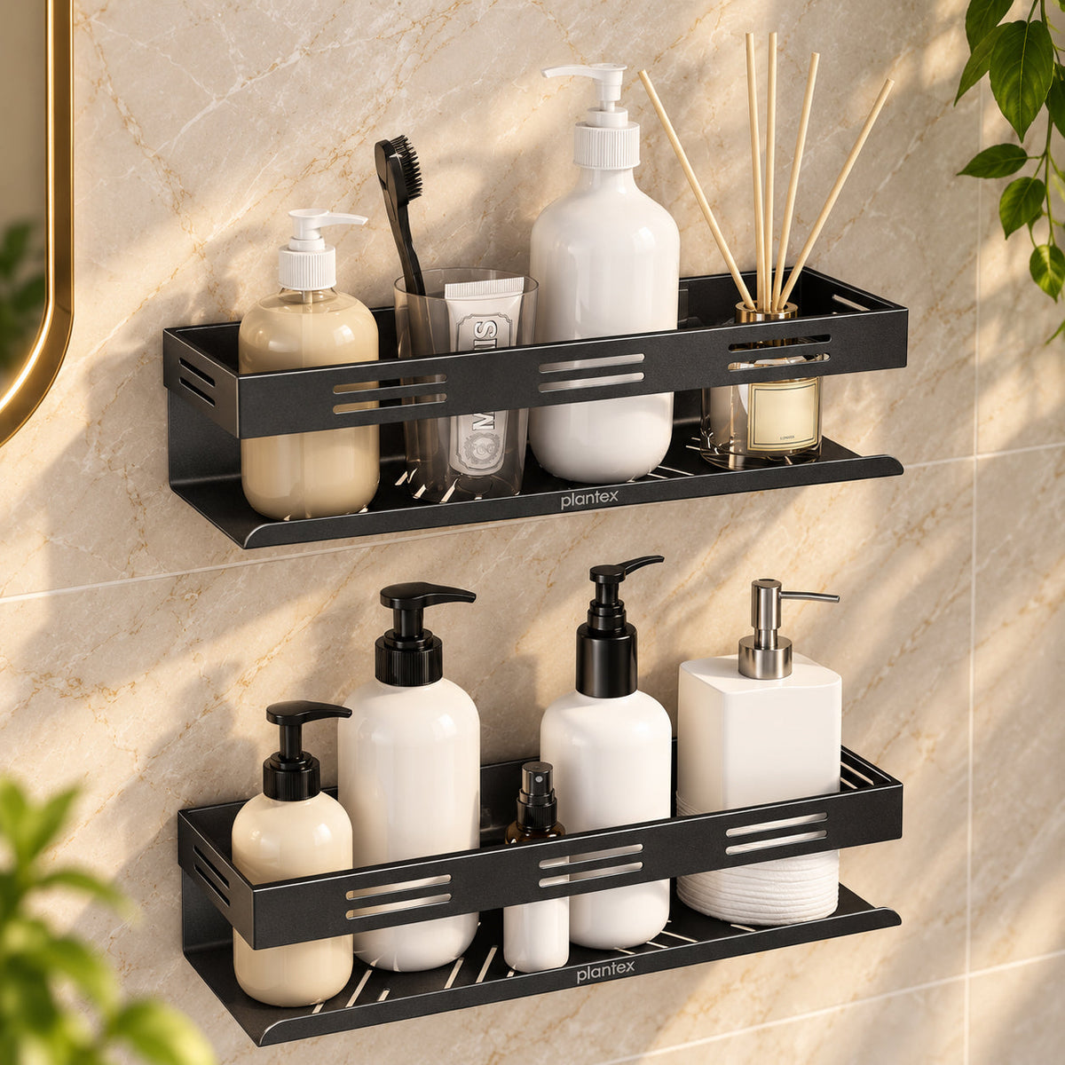 Plantex Self Adhesive Shelf for Bathroom/Stainless Steel Wall Shelf for Kitchen/No Drill Wall Shelves- Pack of 2 (12 x 4 Inch - Black)