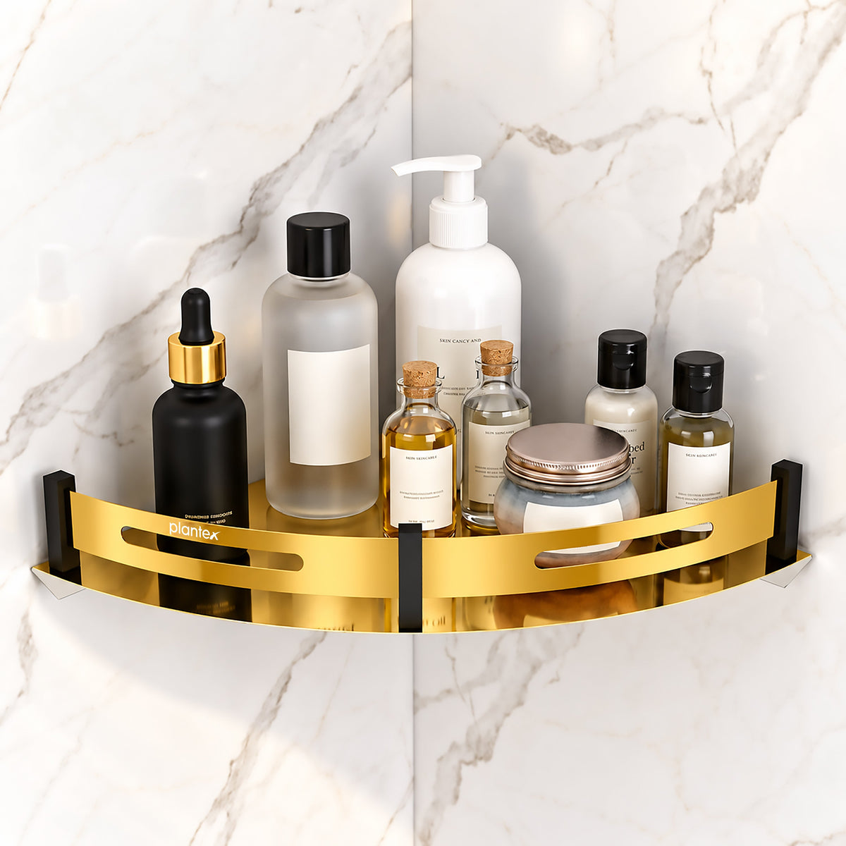 Plantex Bathroom Corner Rack for Wall/Stainless Steel Shelf for Bathroom Corner with Railings/Bathroom Accessories Holder (12x12 inches, PVD Gold & Black)-1