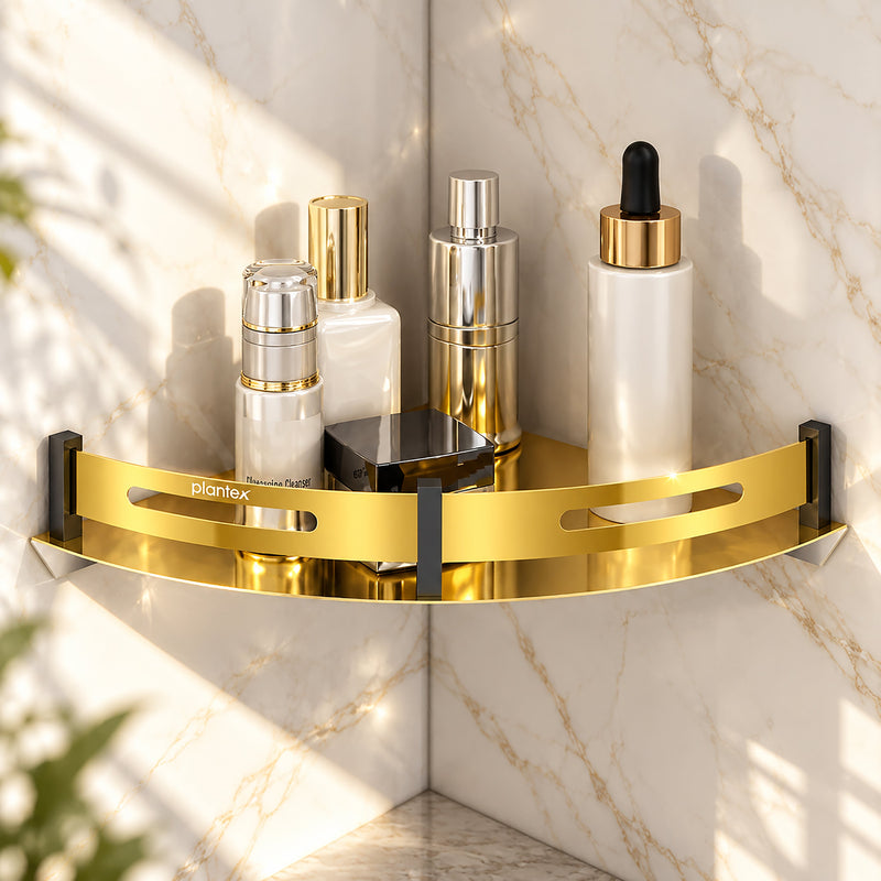 Plantex Corner Shelf for Bathroom Wall Mount/Stainless Steel Bathroom Corner Shelf with Railings/Bathroom Accessories Holder for Wall (9x9 inches, PVD Gold & Black)-1