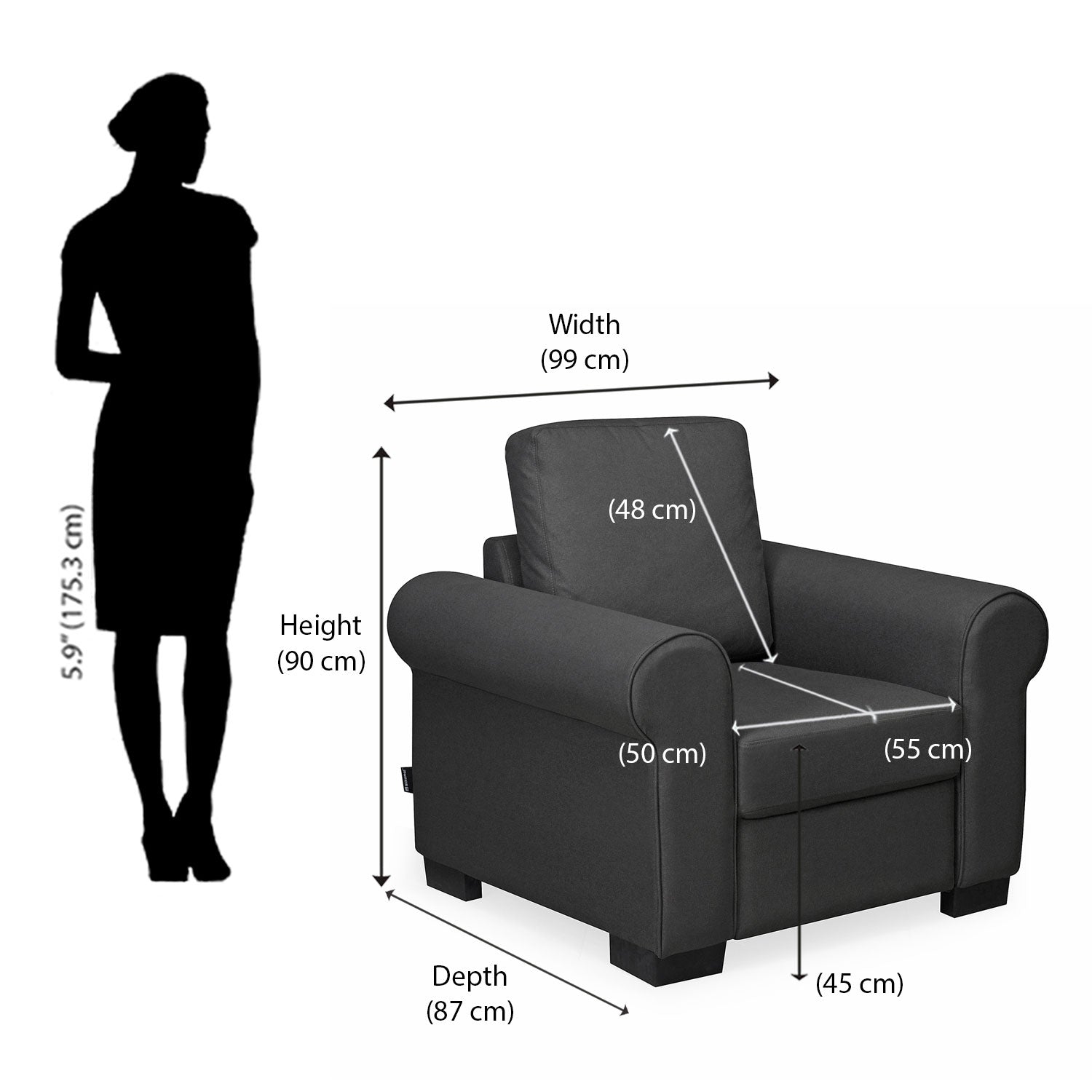 Nilkamal Array 1 Seater Bill Arm Sofa (Dark Grey)