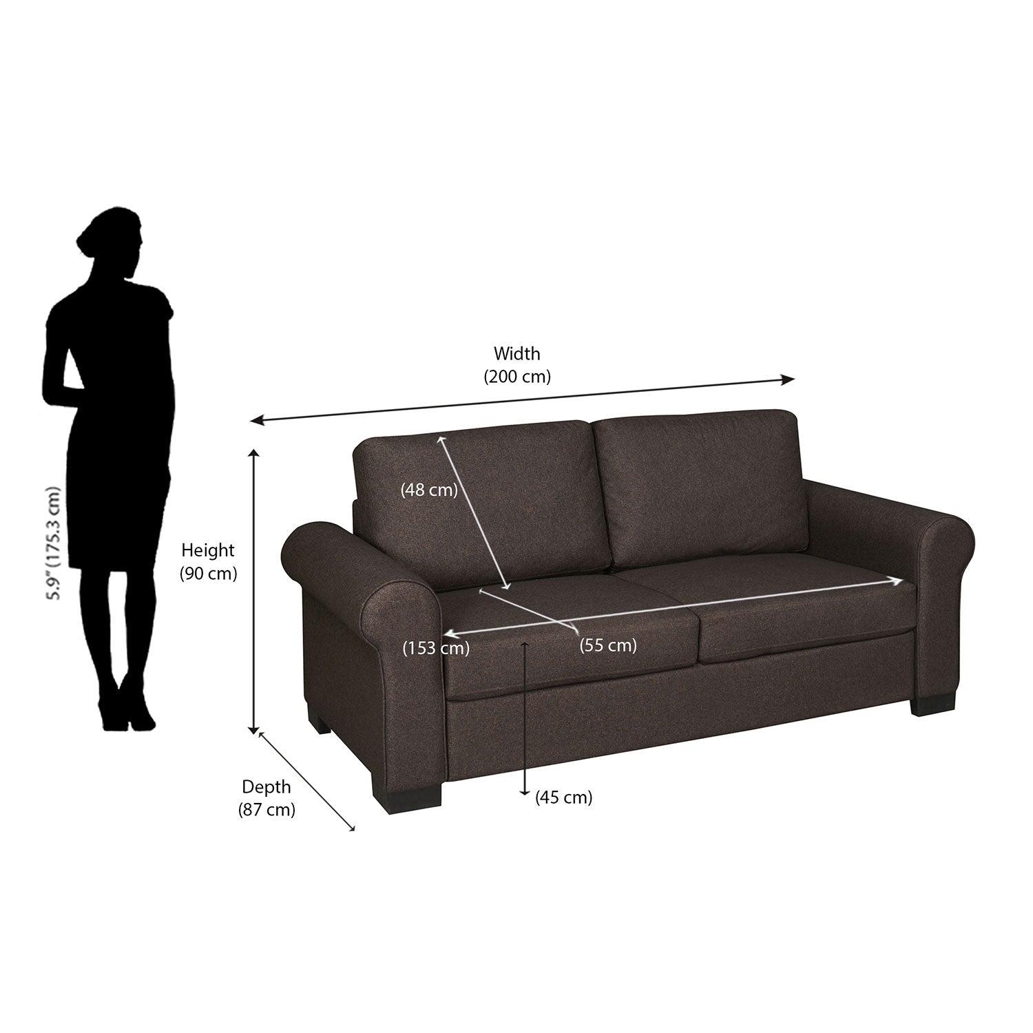 Nilkamal Array 3 Seater Bill Arm Sofa (Dark Brown)