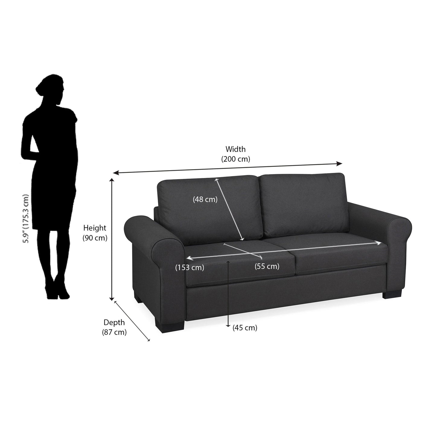 Nilkamal Array 3 Seater Bill Arm Sofa (Dark Grey)