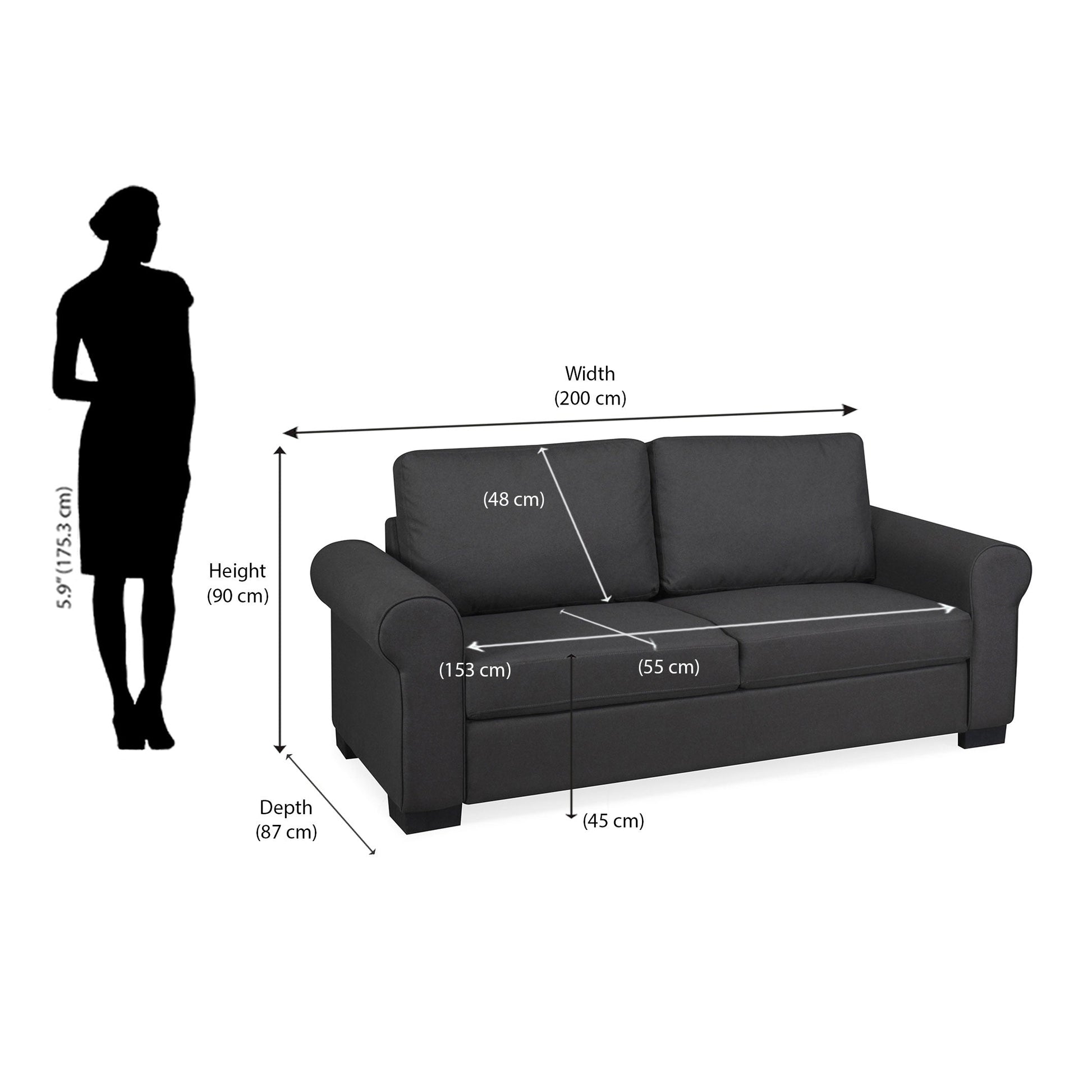 Nilkamal Array 3 Seater Bill Arm Sofa (Dark Grey)