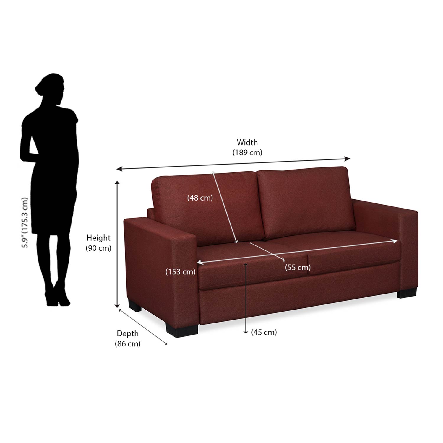 Nilkamal Array 3 Seater Ron Arm Sofa (Maroon)