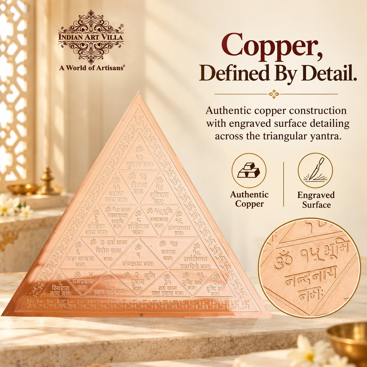 Copper Triangle Yantra, Intricate Engraved Pooja Decor