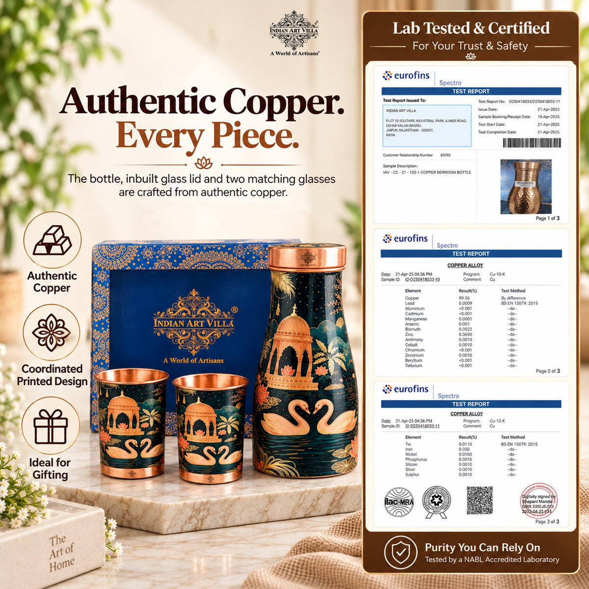 Copper Kalakriti Bedroom Bottle with 2 Glasses Gift Set - 950ML