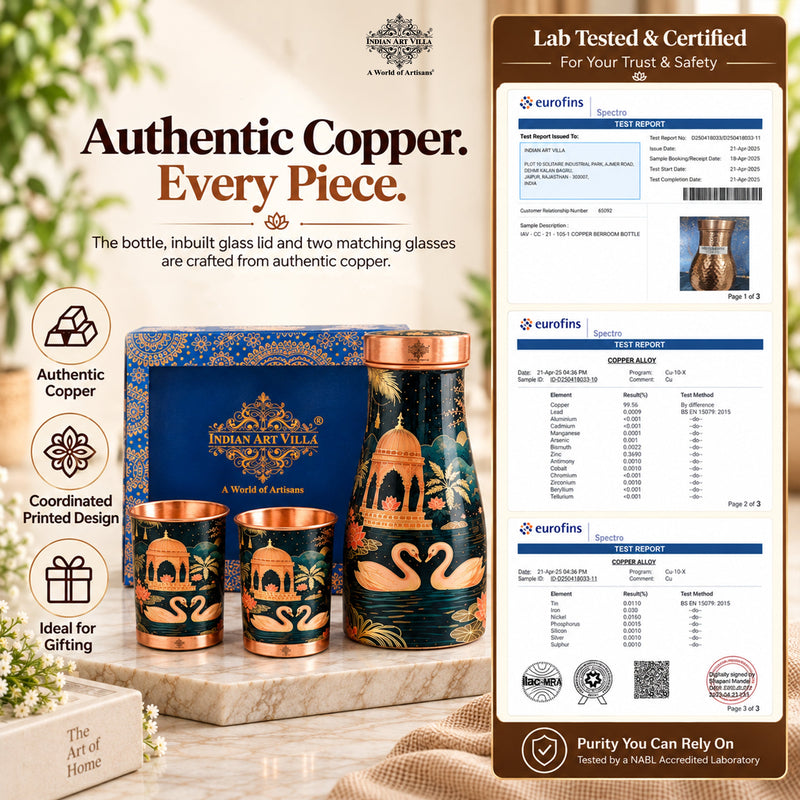 Copper Kalakriti Bedroom Bottle with 2 Glasses Gift Set - 950ML