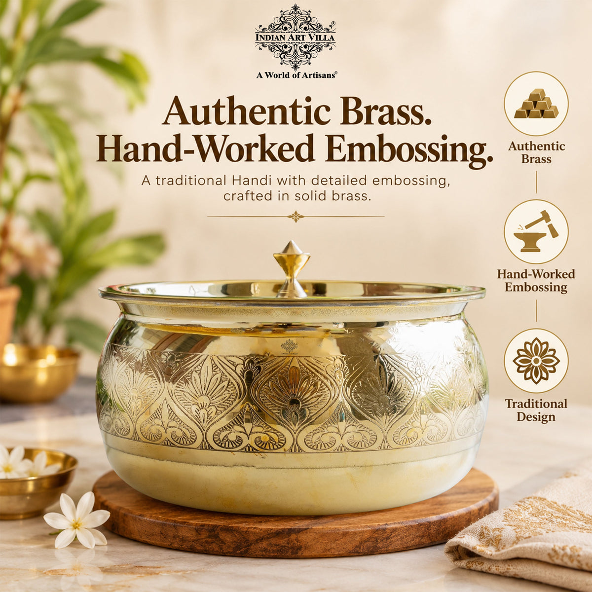Brass Embossed Handi with Brass Lid & Knob, Tin Lined