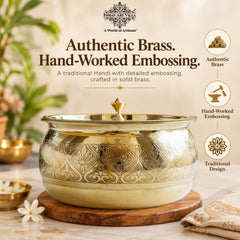 Brass Embossed Handi with Brass Lid & Knob, Tin Lined