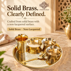 Solid Brass Dinner Set 6Pc - Thali, 2 Bowls, Plate, Spoon, Glass