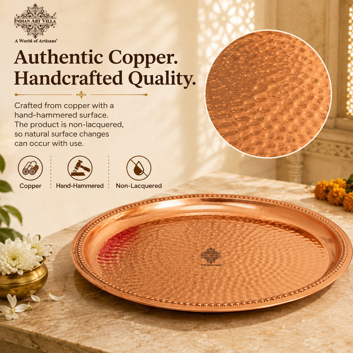 Copper Hammered Thali With Raised Edge - 30 CM