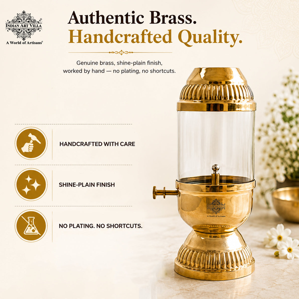 Brass Akhand Diya Oil Lamp with Glass Chimney & Wick