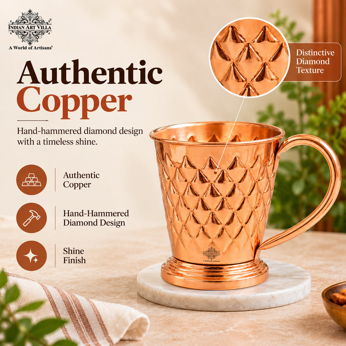 Pure Copper Diamond Hammered Moscow Mule Beer Mug - 450 ML
