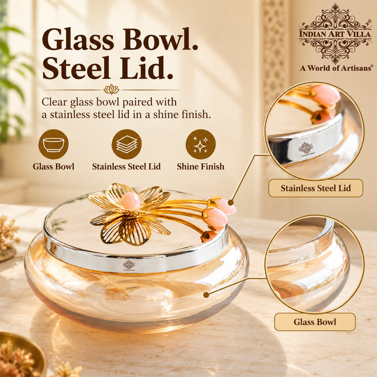 Glass Bowl with Steel Lid & Velvet Gift Box - 1350 ML