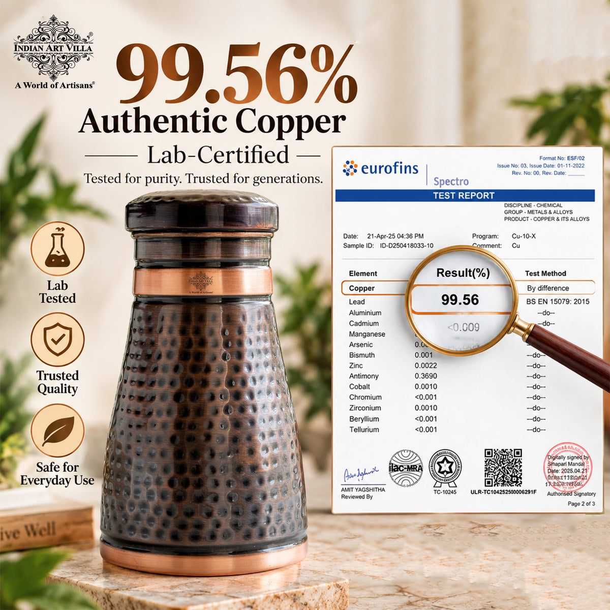 Copper Bedroom Bottle With Dark Hammered Design - 950ml